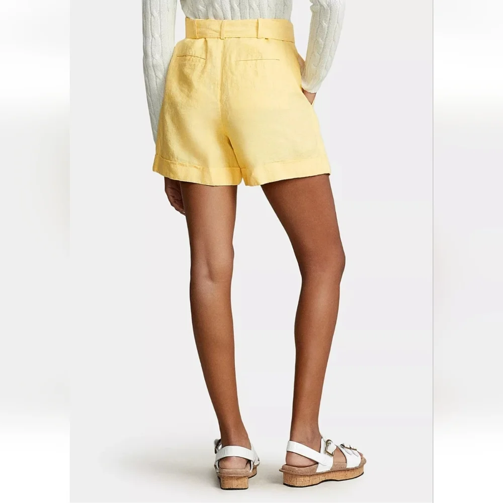 Polo Ralph Lauren Womens Shorts Size 12 Yellow Linen Relaxed Fit Roll Cuffs New